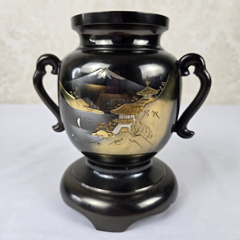 Japanese Bronze Double Handled Vase Snow Capped Mt Fuji Etching Vintage